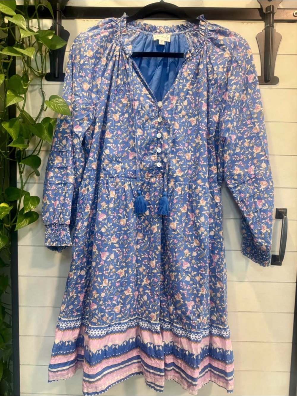 Wonderly Blue Floral Midi Dress with Pink Accents